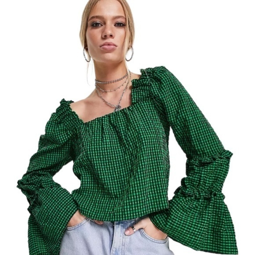 Topshop Check Tiered Sleeve Chuck on Top in Green